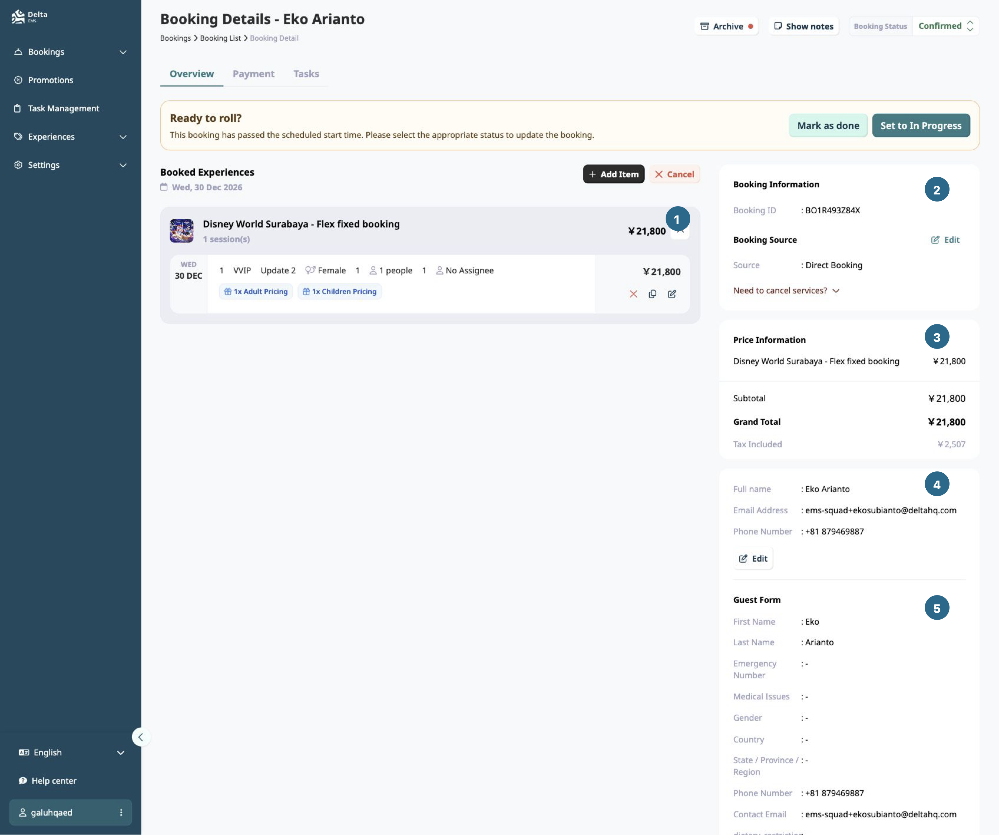 EMS booking detail page with numbered callouts