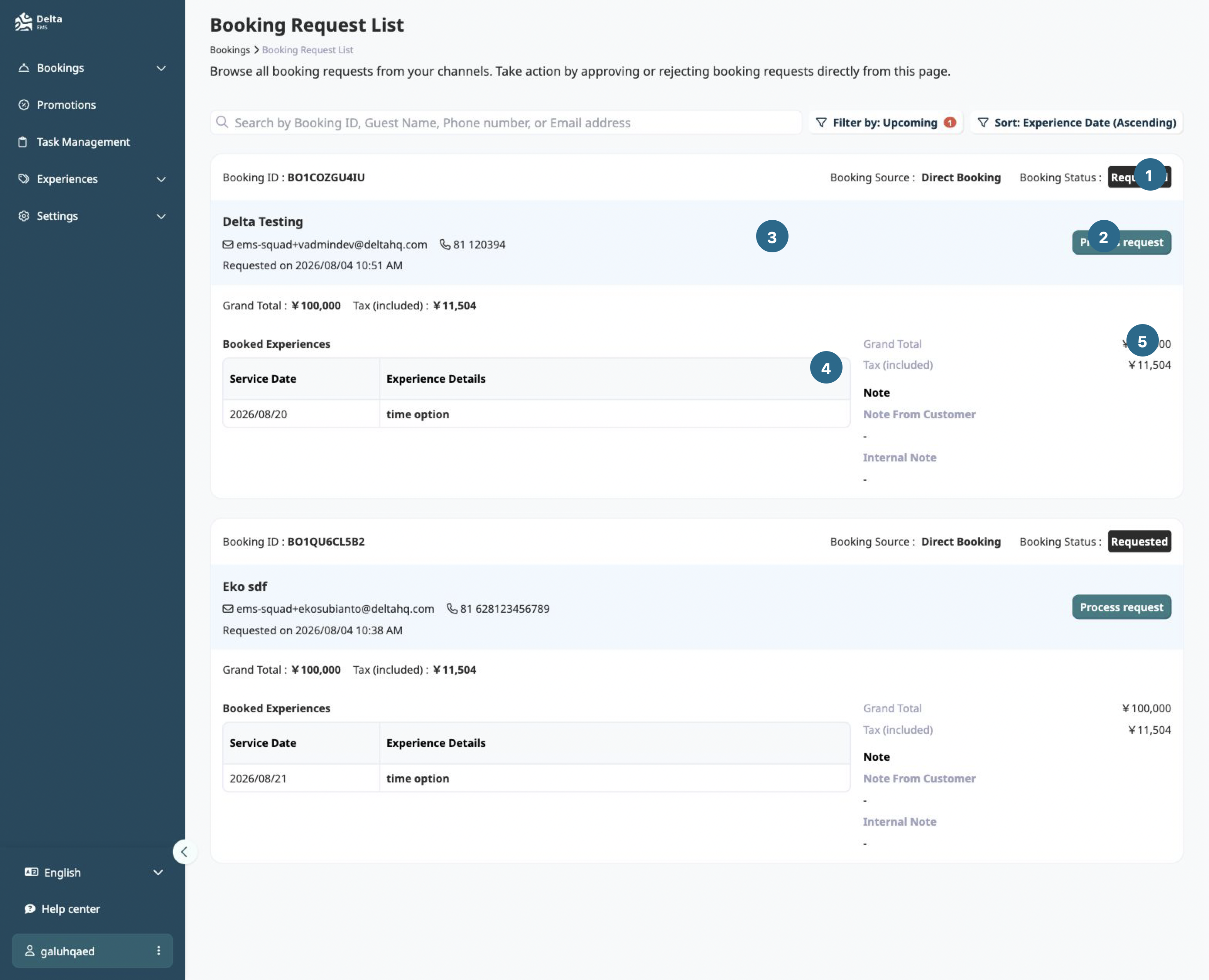 EMS booking request card with numbered callouts