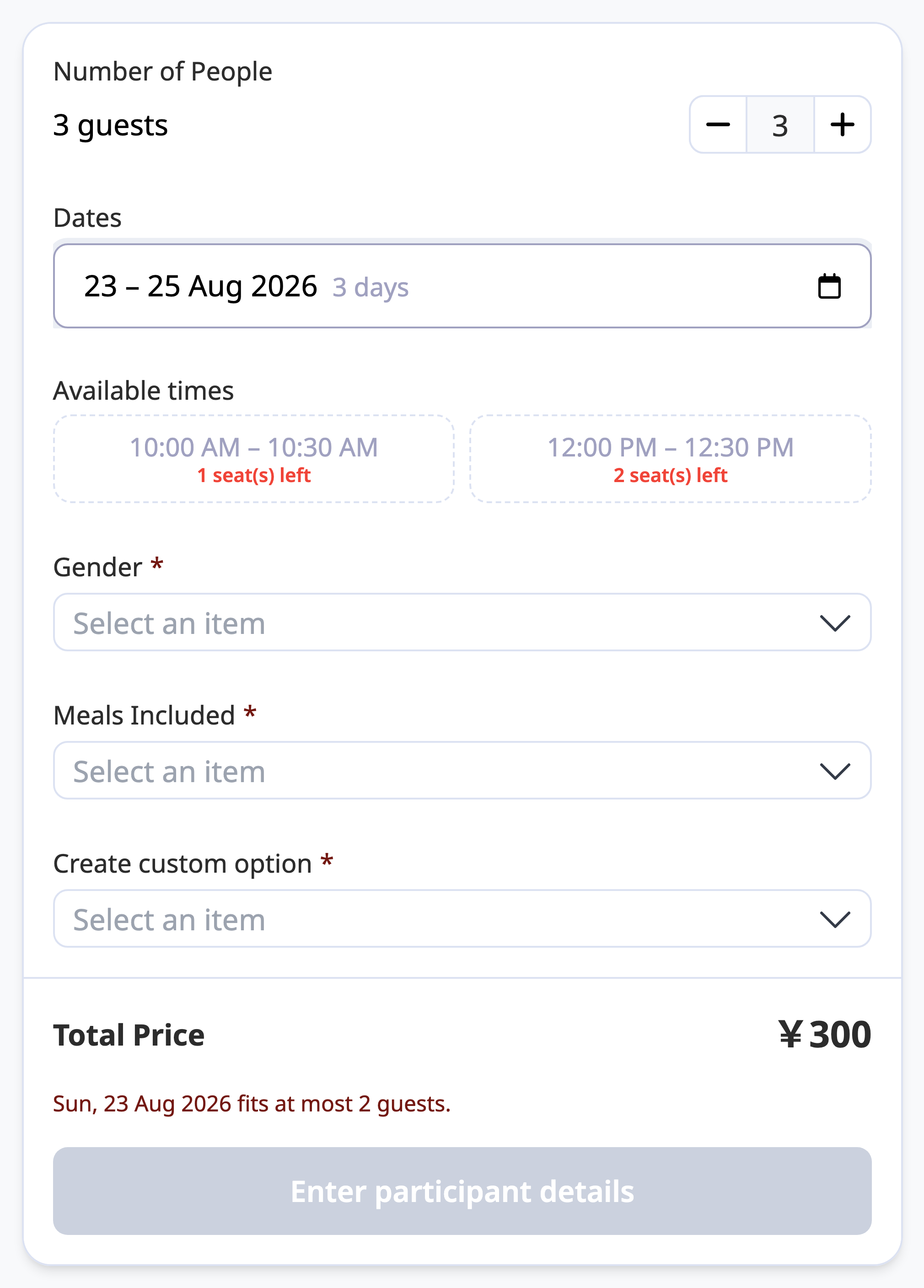 Party size invalidates unavailable times
